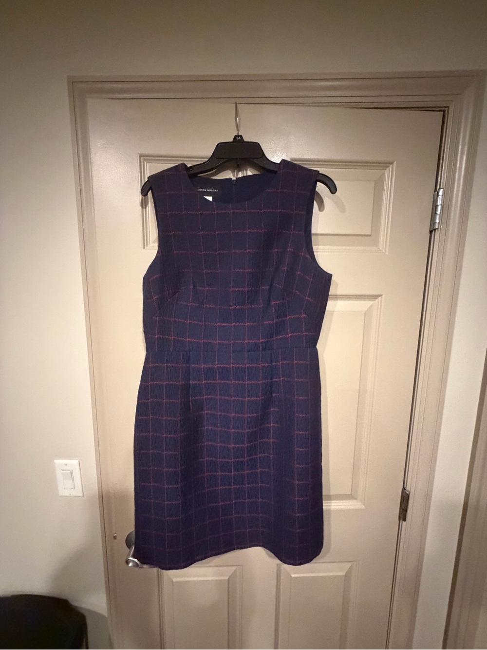 NWOT. Never Worn. Maggy London Navy Midi Sheath Dress with Red Windowpane